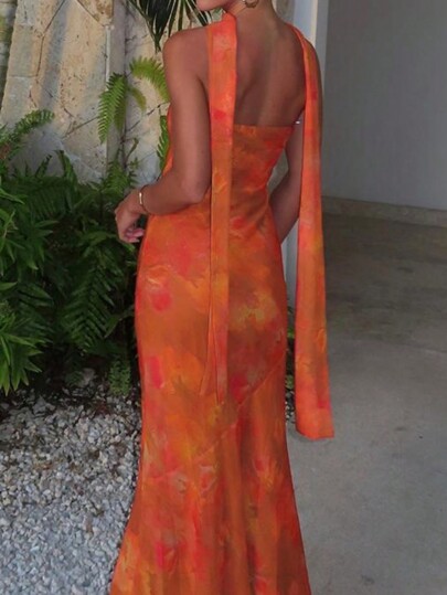 Bandeau Ruffle Sexy Fishnet Print Dress