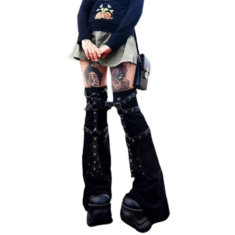 Punk Style Ankle Leg Warmer Black Metal Buckle Leg Warmers Knitted High Knee Legging Boot Socks For Women - Black - View 1