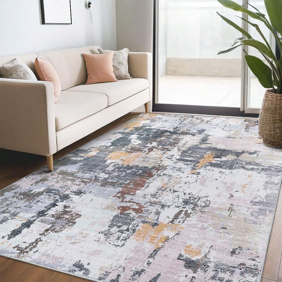 Washable Living Room Rug Modern Abstract Rug Non Slip Rug Foldable Indoor Rug Low Pile Stain Resistant Carpet For Dining Room Laundry Room Bedroom
