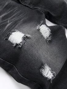 Men's Black Washed Distressed Ripped Casual Denim Shorts With Fashion Simple Personalized - Black - View 4