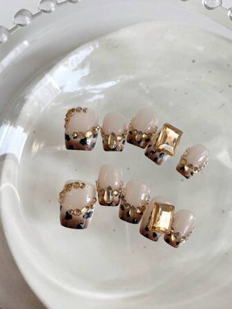 10 件按压短指甲，情人节佳能艺术新款 DIY 豹纹图案设计 Golden Hill 美甲配件，豹纹指甲，可拆卸重复使用美甲用品，美甲粉，美甲闪光适合男士、女士、舞会、聚会场景使用