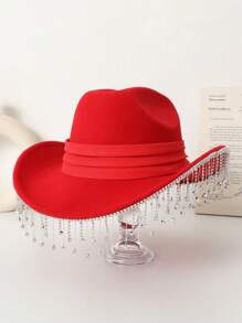 1 pièce Chapeau de cowgirl occidental fait main avec perles et franges de couleur unie pour femmes, chapeau décontracté de voyage pour festival, fête, scène, concert de musique, mariage de la mariée