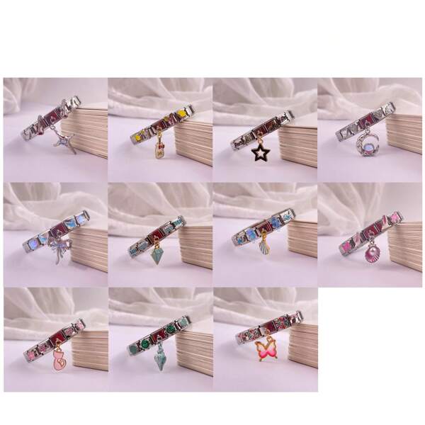 1pc Italian Style Stainless Steel Candy Colored Dopamine Bow Butterfly Pearl Pendant Bracelet Gift