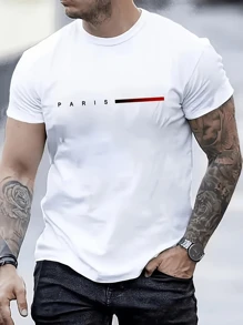 Men's Outdoor Sports Vital Single Line Paris Design Short Sleeve T-Shirt, Fashionable Casual Versatile For Hiking, Fishing, Daily Wear, Spring/Summer