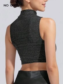 Spandex Muscle T-Shirt With Glitter Crop Top Slim Fit - Black - View 2