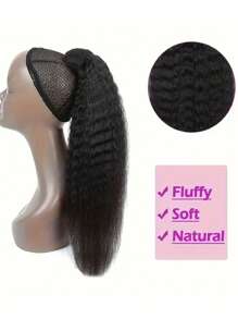 Natural Black Kinky Straight Ponytail Human Hair Extension For Women Real Human Hair With Adjustable Drawstring & Clip-In Design - SNatural - View 3