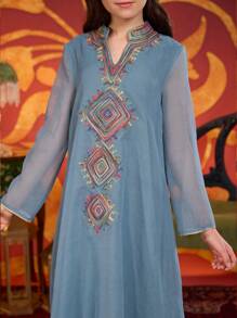 Tween Girls Middle East Arabic Indonesian Embroidered Dress - Green - View 8