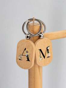Daisy Flower Letter A-Z Pattern Wooden Keychain, First Letter Wooden Pendant, Creative Small Gift That Can Be Carved, Bag Pendant, Wooden Label, Keychain, Ring, Carved Blank Wooden Board, Diy Accessory, Single-Sided Printing - Apricot - View 3