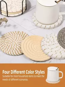 8 Pcs Drink Coasters With Holder, Minimalist Table Woven Coasters,Kitchen Table Heat-Resistant Coasters And Thick Insulation Pads,4 Colors Absorbent Coaster Set For Home Decor Tabletop Protection Suitable For Kinds Of Cups, 4.3 Inches - Multicolor - View 3