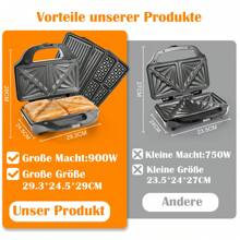 SUPERLEX 3-in-1 Sandwichmaker, Waffeleisen, Kontaktgrill, Spülmaschinengeeignet, Edelstahl, Rutschfeste, Sandwichtoaster für Panini, Waffeln, 900W