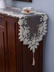 1 chiếc khăn trải bàn đính hạt thủ công, khăn trải bàn bằng vải tuyn cao cấp thanh lịch, chống bụi, chịu nhiệt, thích hợp cho bàn ăn, bàn cà phê, trang trí nhà cửa hàng ngày và tiệc cưới ngày lễ - Màu be - Xem 6