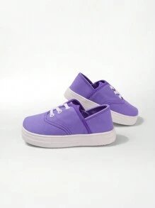 1 paar meisjes paarse canvas veterschoenen platte eenvoudige comfortabele ademende casual vierkante neus sportschoenen, geschikt voor dagelijks gebruik, alle seizoenen