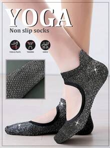 1 Pair Shiny Anti-Slip Yoga Socks With Exposed Instep, Silver Thread Silicone Sole Ballet Pilates Socks, Thin Soft Flexible Sole - Black - View 1