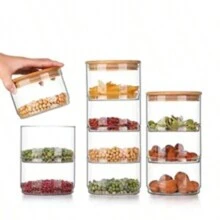 1pc Premium Salad Bowl With 1-4 Layer Stackable Design For Good Storage. Made Of High Borosilicate Glass With Bamboo Wood Lid For Airtight Seal. Fashion Salad Bowl For Salad, Fruit, Dried Fruit, Candy, Snacks Storage & Decoration. Suitable For Home, Kitchen, Office, Students, Picnic, Camping, And Party Use.