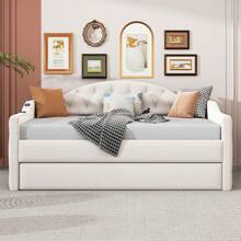 MERAX Twin Size Tufted Upholstered Daybed With Trundle, Velvet Sofabed With USB&Type-C Charging Ports,No Box-Spring Needed, Beige - 米色 - 查看 2