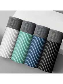 4 piezas de calzoncillos tipo bóxer casuales cómodos para hombres con patrón de rayas y letras, ropa interior deportiva de colores aleatorios