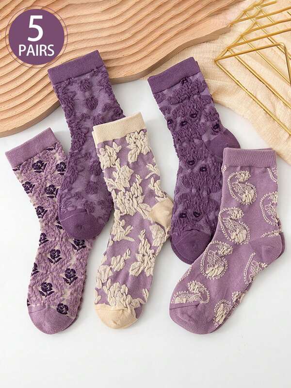 5 Pairs (Random Style) Women's Versatile Crew Socks, Vintage Minimalist Breathable Moisture Wicking Purple Series