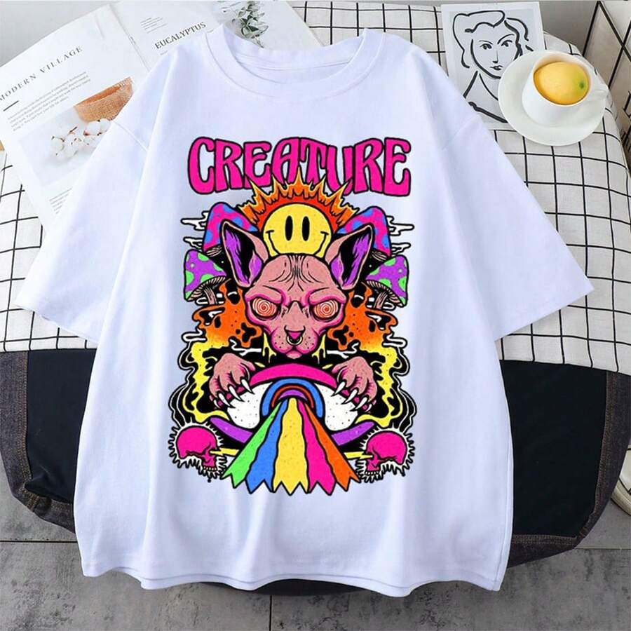 Camiseta Oversized Estampada Creature Colorida Confortavel Unissex Streetwear Premium Algodao - Branco - Visão 1