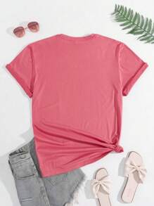 Letter Printed T-Shirt, Short Sleeved Round Neck Summer And Spring Casual Top, Women's Top