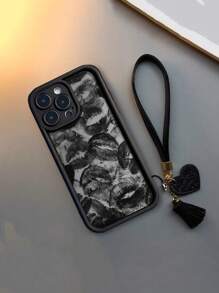 全新高端纹理加厚防摔唇纹手机壳，带可拆卸皮革心形腕带 DIY 手机挂饰、流苏吊坠、短腕带 - 彩色 - 查看 4