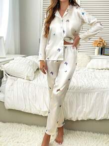 Conjunto de pijama de manga larga y pantalón largo de tipo seda, ropa de estar en casa de alta gama para niñas que se puede usar en exteriores