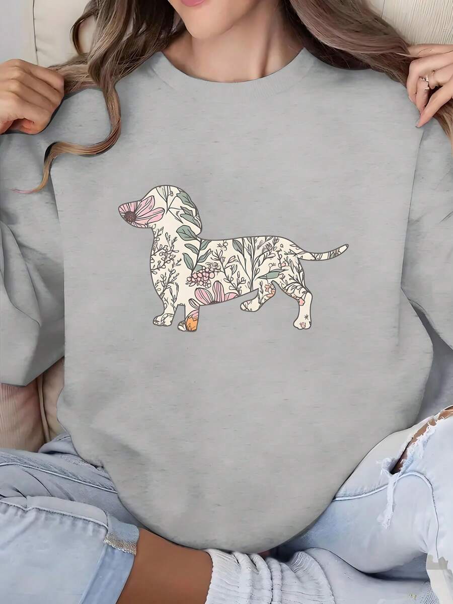Women'S Casual Crew Neck Sweatshirt With Dachshund Print, All-Season Comfort,  Fashion Top