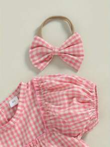 Newborn Baby Girls Summer Clothes Infant Plaid Bubble Romper  Ruffle Playsuit Headband Outfits - 粉色 - 查看 3