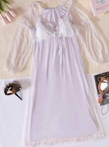 Sexy Lingerie Embroidered Lace Contrast Mesh Deep V-Neck With Removable Pad Long Sleeve Ruffle Trim Two-Layer Long Nightgown - Mauve Purple - View 8