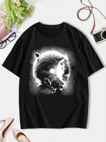 Moon's Helmet A Surreal Journey Through Space With Astronauts Black And White Cosmic Imagery Of Earth Imaginative Lunar Module Designs For Sci-Fi Enthusiasts - Perfect For Women's Women T-Women's Shirt - Black - View 3