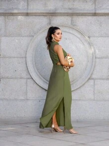 Women's Long Tailored Dress, High Neck, Side Slit, Side Opening Detail, Comfortable, With Pockets, Elegant