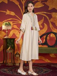 Tween Girl Elegant Rope Embroidery & Beaded Dress - Apricot - View 5