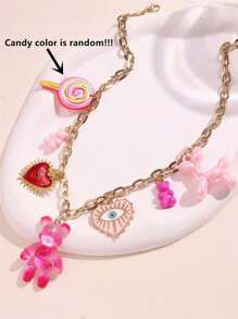 1 件粉色多色吊坠项链，带可爱玫瑰、心形、眼睛、熊、棒棒糖、狗吊坠 - 女士时尚珠宝礼物，适合度假、约会和派对（随机棒棒糖颜色） - 多色 - 查看 2