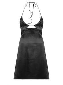 Women's Summer Sleeveless Dress Solid Color String Halter Neck Cutout Low Cut Mini Dress - Black - View 5