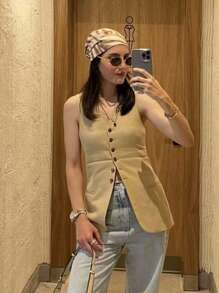 Women V-Neck Chic Single Breasted Long Top - Camel - View 1