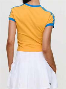 Women's Summer Baby Tee Crop Top Number Print Short Sleeve Crewneck Contrast Color T Shirts Tops Y2k Casual Going Out Shirt Tops Streetwear - 黃色 - 查看 2