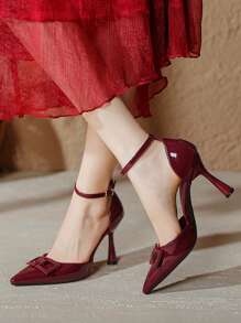 Women's Fashion Metal Buckle Accent Strap Pointed Toe Super High Stiletto Heel Pumps, Sexy Lightweight Slip-On Work Heels For Spring/Summer, High Quality Date Night Big Size - Burgundy - View 4