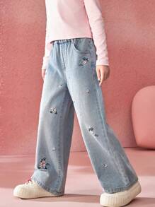 ASK JUNIOR 女童儿童休闲刺绣碎花阔腿牛仔裤