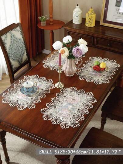 4 件蕾丝边提花餐垫，优雅浪漫涤纶蕾丝边耐热桌面装饰，适用于餐桌、咖啡桌、家居日常使用、婚礼和派对