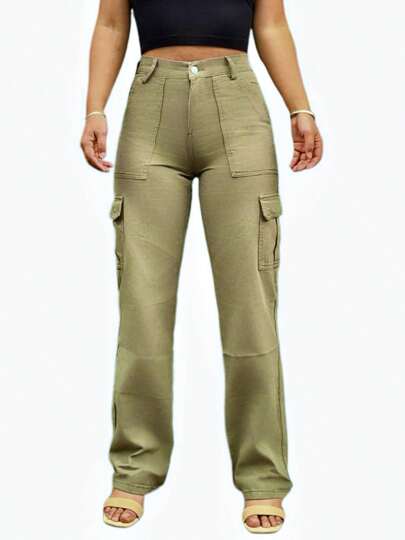 Pantalón De Cargo Tiro Alto Verde Militar 6 Bolsillos 100% Algodón Corte Recto