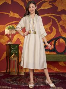 Tween Girl Elegant Rope Embroidery & Beaded Dress - Apricot - View 3