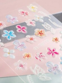 Valentine's 5D Geprägte Blumen Cluster Nagel Aufkleber Weiß Rosa Gelb Blau Blütenblätter Rose Schmetterling Linie Acryl Frühling Sommer Floral Slider Nagel Deko Nail Art Zubehör 2 Stücke