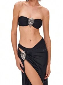 Women 3pcs Bandeau Bikini Set Set With Floral Design & Matching Pareo Skirt