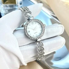 1pc Cute Fashion Women's Bracelet Watch, Simple Round Dial, Diamond Water Ripple Pattern, Alloy Quartz Watch, Suitable For Daily Wear, Birthday, Anniversary, Year-End, Cyber Monday, Halloween And Other Holiday Gifts. Gift Box Not Included. - White - View 2