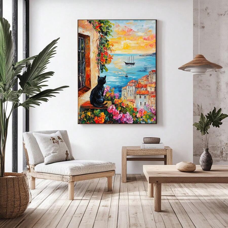 Pictură în acuarelă cu peisaj de coastă cu casă portocalie, pisică neagră, plante florale, imprimare afiș de artă cu pisică neagră privind apusul de soare, vedere la mare, pictură în ulei în stil impresionist fără încadrare, decorațiuni interioare, artă de perete - Multicolor - Vizualizare 1