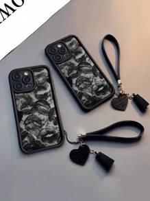 全新高端纹理加厚防摔唇纹手机壳，带可拆卸皮革心形腕带 DIY 手机挂饰、流苏吊坠、短腕带 - 彩色 - 查看 3