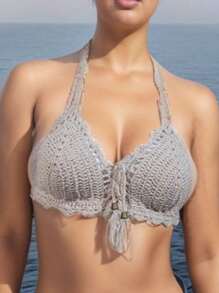 Top de Crochê com Pingente Moda Praia Primavera Verão - Areia (Cru) - Visão 1