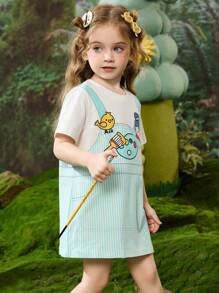 Young Girls' Short Sleeve T-Shirt Dress, Casual Patterned Dress - Blue - View 8