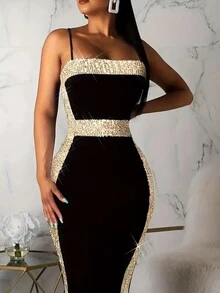 Đầm midi ôm sát gợi cảm màu đen phối sequin tương phản, dây mảnh, dành cho nữ, kiểu dáng thanh lịch, xẻ tà sau, thích hợp cho tiệc tùng hoặc du lịch. - màu đen - Xem 9