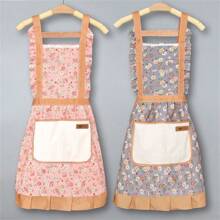 Delantal de estilo princesa con encaje floral, con bolsillo práctico para limpiar las manos, resistente al agua y al aceite, de uso múltiple para la cocina y la sala de estar