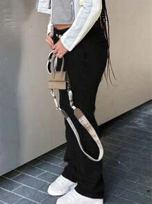 Large Size Women's Denim Jeans - Wide Leg Loose Mid Waist Boyfriend Jeans, Y2K Style Denim Pants - 黑色 - 查看 5